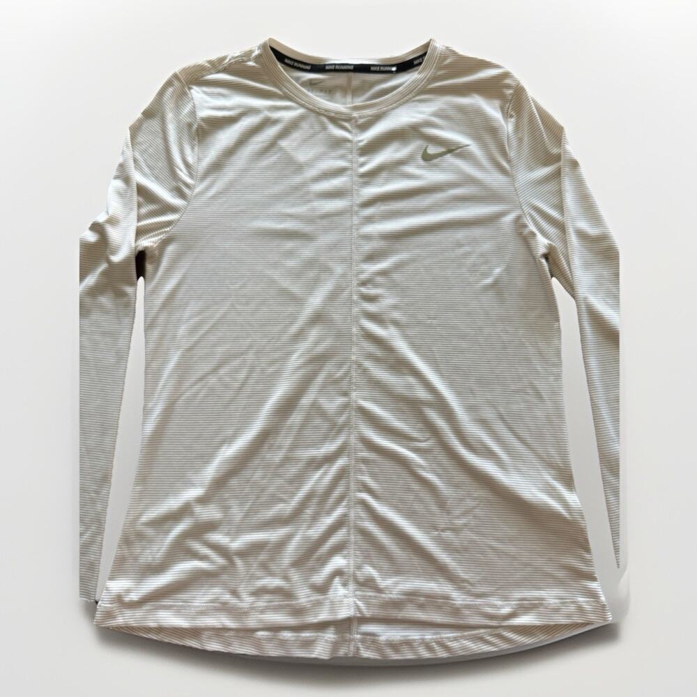Nike Running Women Dri-FIT Long Sleeve Striped Shirt Beige Size M Athletic Top
